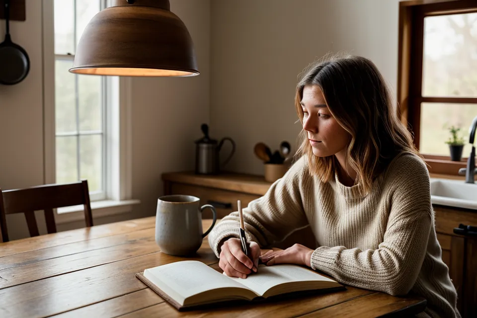 Mains d'Aurélie qui écrivent dans son journal de bord pendant le sevrage tabagique, un soir de tristesse
