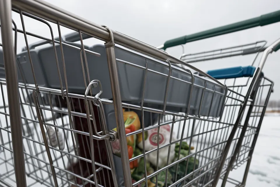Mains serrant le guidon métallique d'un chariot de supermarché sur un parking