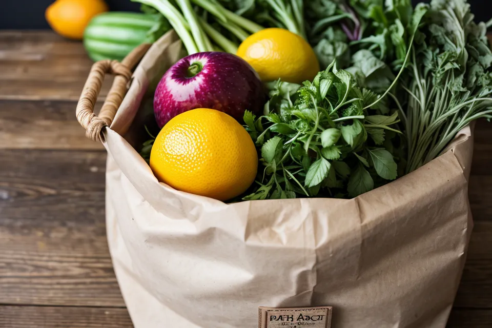 Sac en papier kraft rempli d'agrumes frais et d'herbes aromatiques